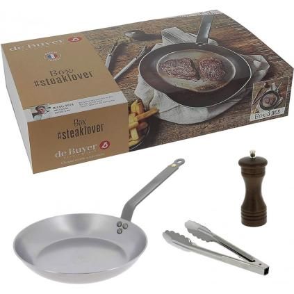 Τηγάνι μπριζόλας MINERAL B 26 cm, με μύλο πιπεριού και λαβίδα κουζίνας, de Buyer
